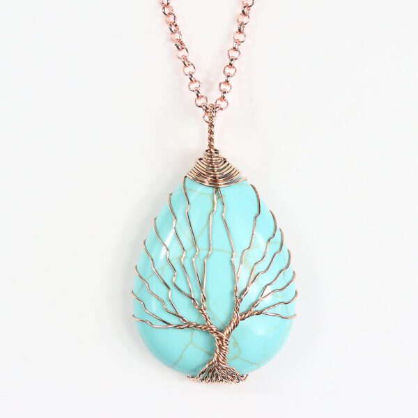 Natural Quartz Opal Stone Pendants Handmade Rose Gold Color Handmade Tree of Life Wrapped Drop Shaped Crystal Pendant Necklace - Image 3