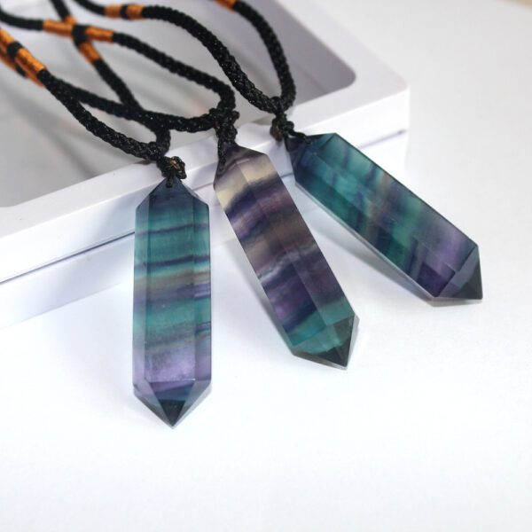 Colorful Fluorite Double Pointed Crystal Column Hexagonal Pendant Necklace - Image 5