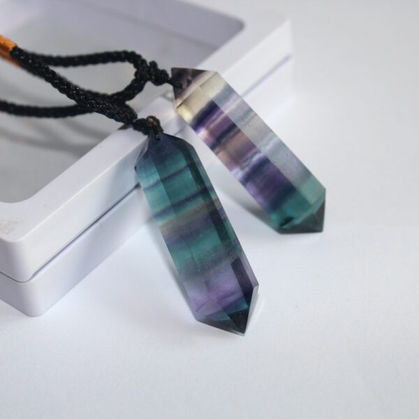 Colorful Fluorite Double Pointed Crystal Column Hexagonal Pendant Necklace - Image 4